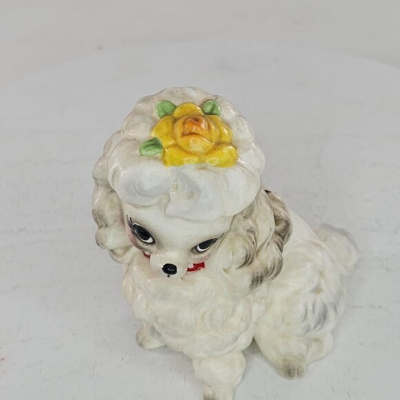 Vintage Josef Originals Ceramic Poodle Figurine Red Collar Yellow Flower - Picture 7 of 8